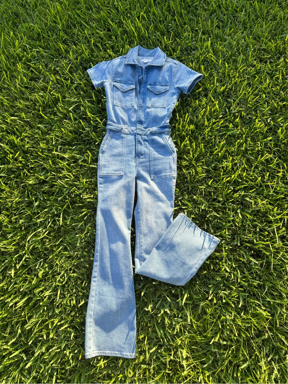 Good American Light Blue Denim Short-Sleeve Jumpsuit
